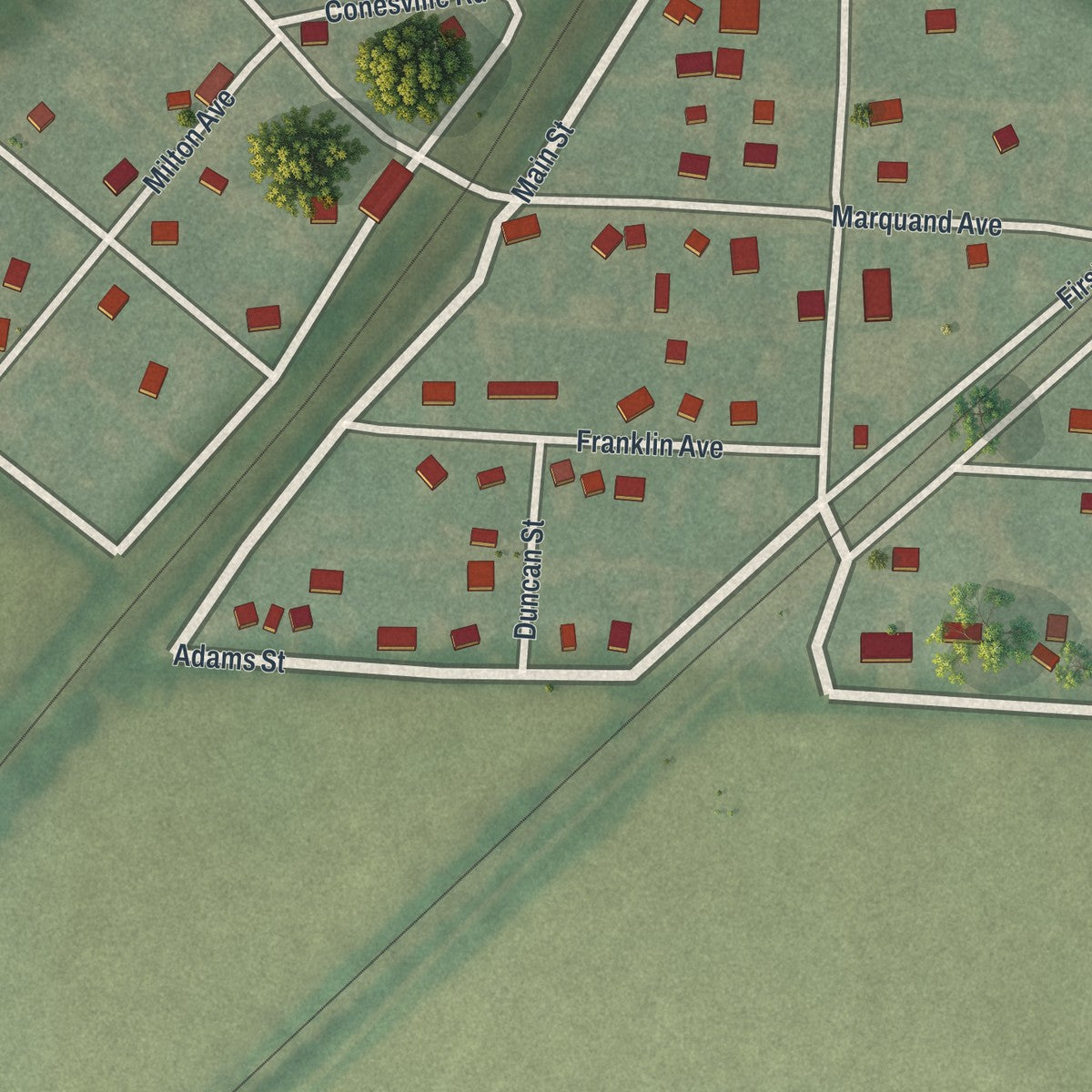 Close-up of the map of Conesville, Ohio print showing street and building detail