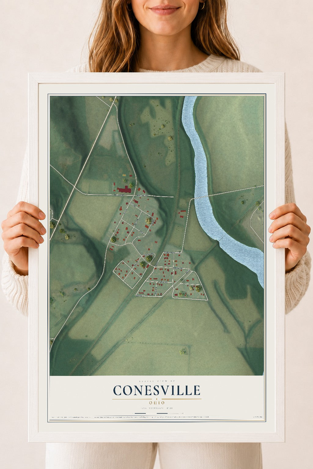Map of Conesville, Ohio, 18 x 24 inch print in a white wood frame