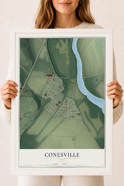 Map of Conesville, Ohio, 18 x 24 inch print in a white wood frame