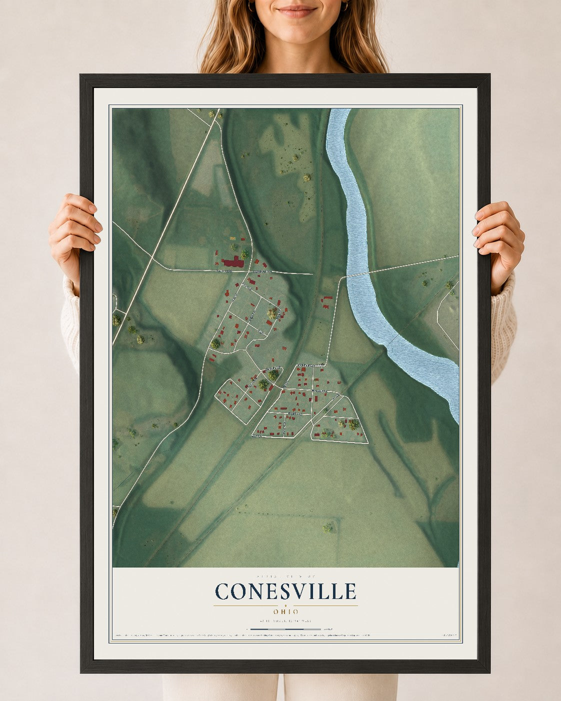 Map of Conesville, Ohio, 24 x 36 inch print in a black wood frame