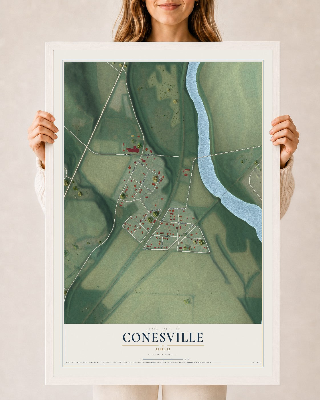 Map of Conesville, Ohio, 24 x 36 inch print in a white wood frame