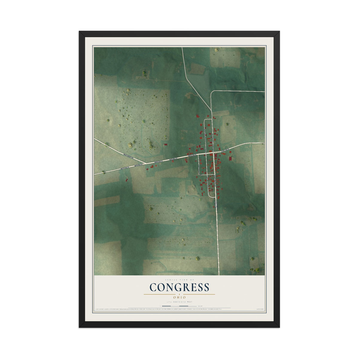 Map of Congress, Ohio, 12 x 18 inch print in a black wood frame