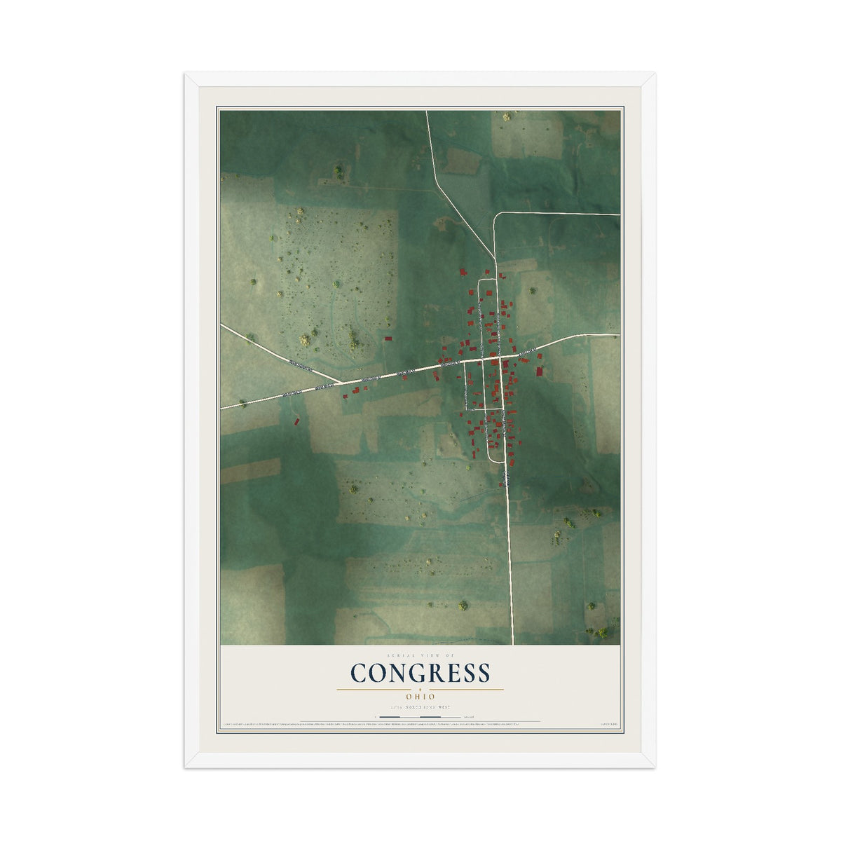 Map of Congress, Ohio, 12 x 18 inch print in a white wood frame