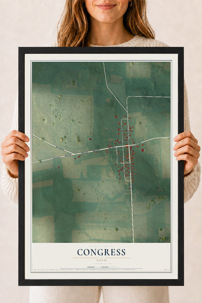 Map of Congress, Ohio, 18 x 24 inch print in a black wood frame
