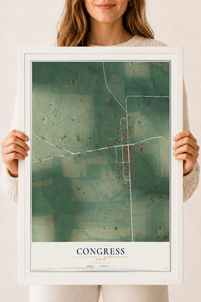 Map of Congress, Ohio, 18 x 24 inch print in a white wood frame