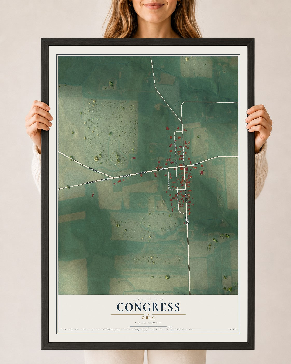 Map of Congress, Ohio, 24 x 36 inch print in a black wood frame