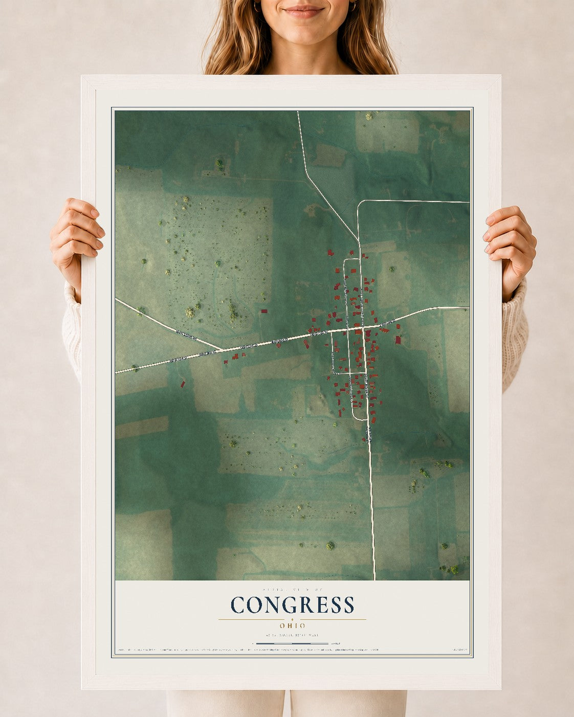 Map of Congress, Ohio, 24 x 36 inch print in a white wood frame