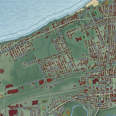 Close-up of the map of Conneaut, Ohio print showing street and building detail