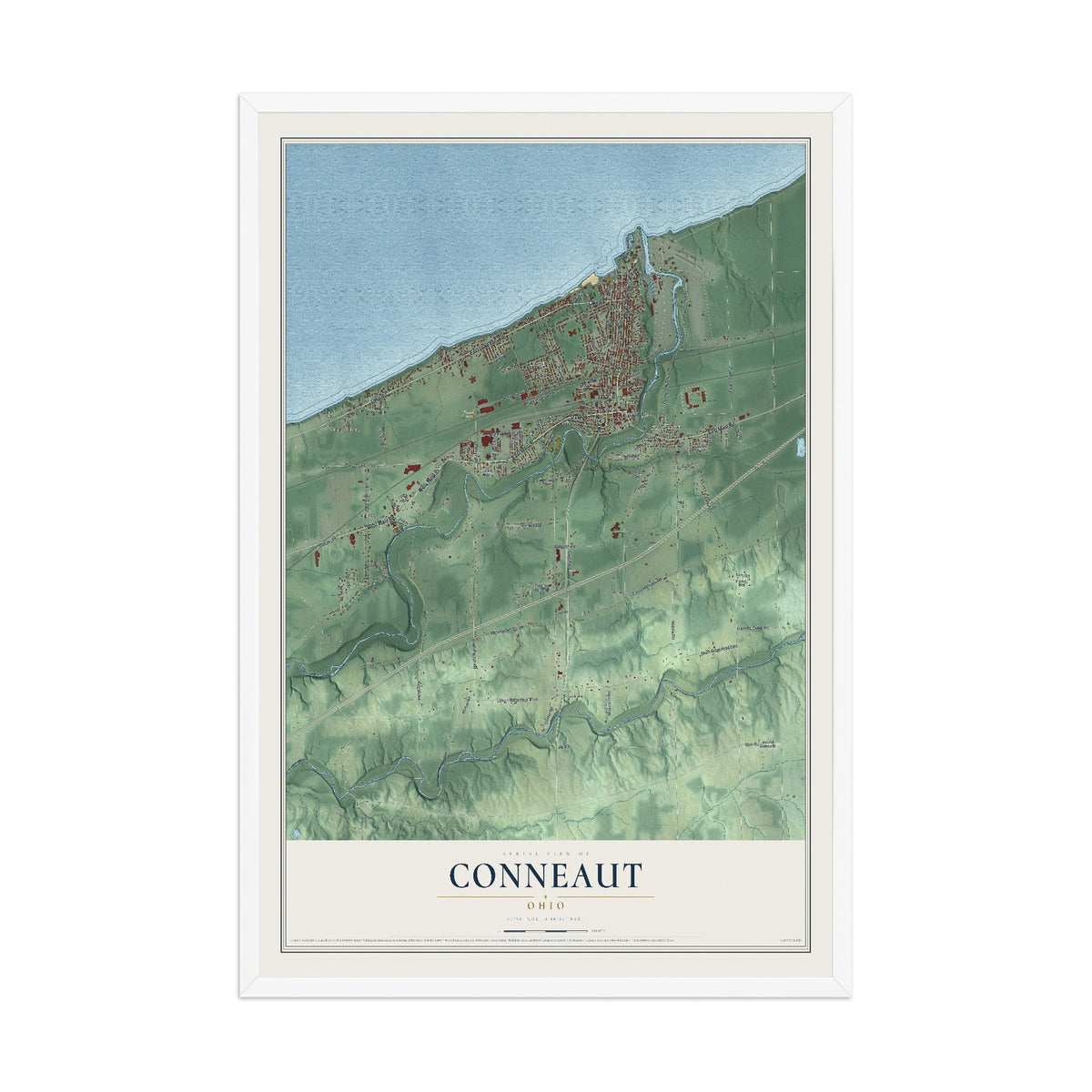 Map of Conneaut, Ohio, 12 x 18 inch print in a white wood frame