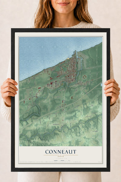 Map of Conneaut, Ohio, 18 x 24 inch print in a black wood frame