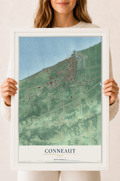 Map of Conneaut, Ohio, 18 x 24 inch print in a white wood frame