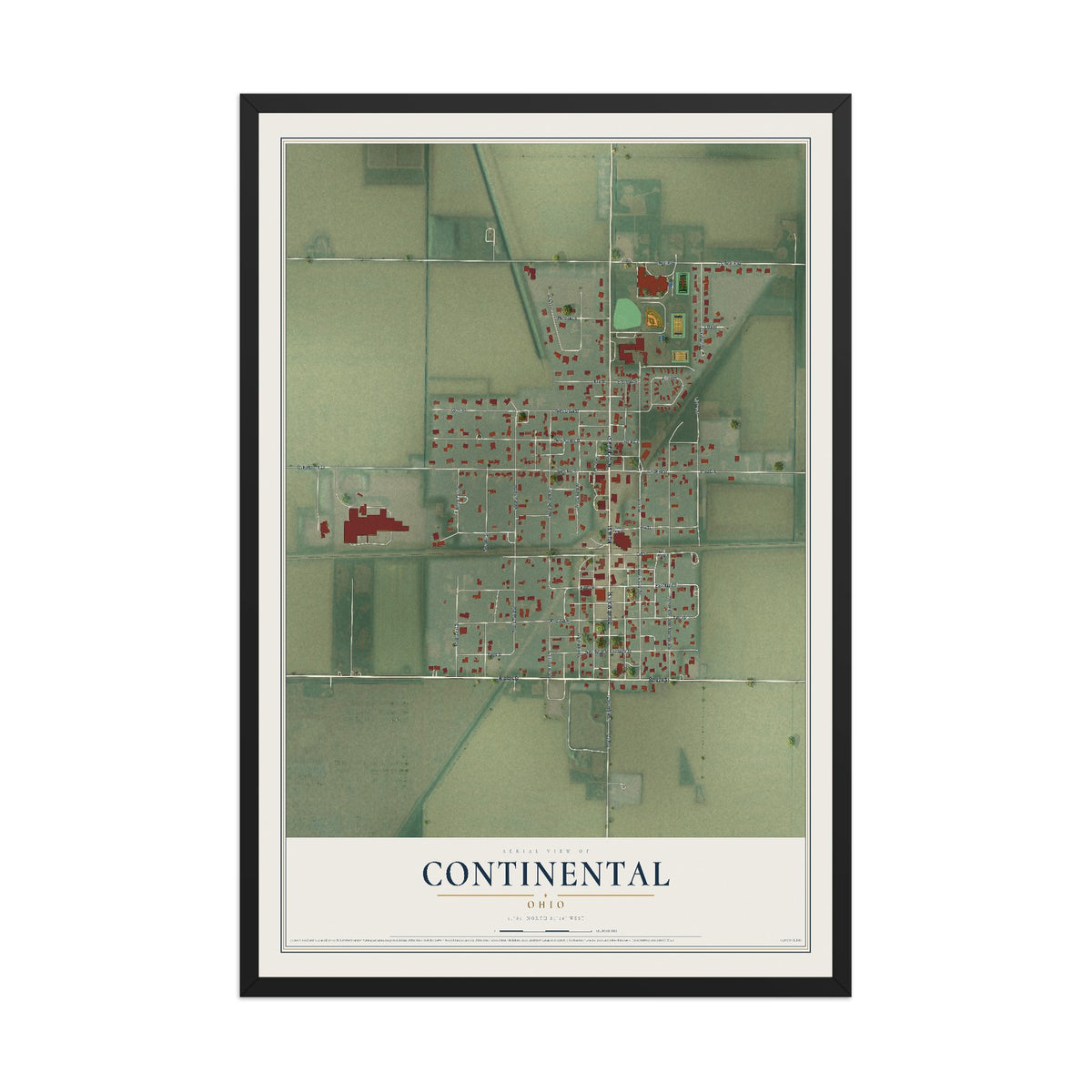 Map of Continental, Ohio, 12 x 18 inch print in a black wood frame
