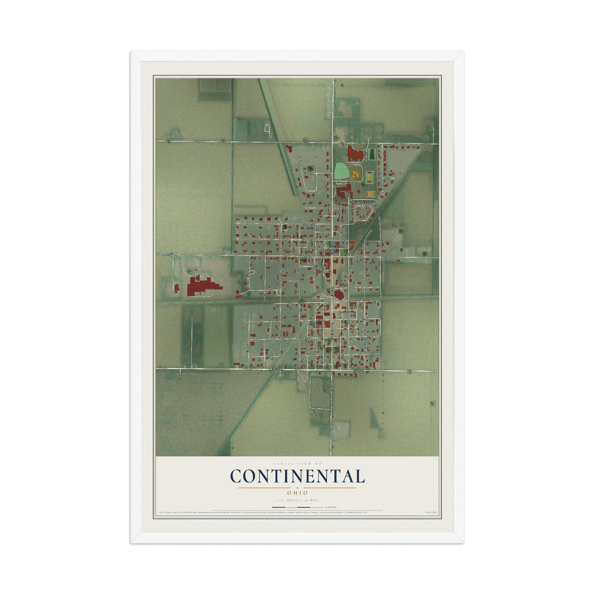 Map of Continental, Ohio, 12 x 18 inch print in a white wood frame