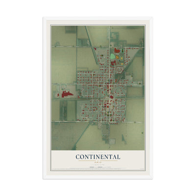 Map of Continental, Ohio, 12 x 18 inch print in a white wood frame