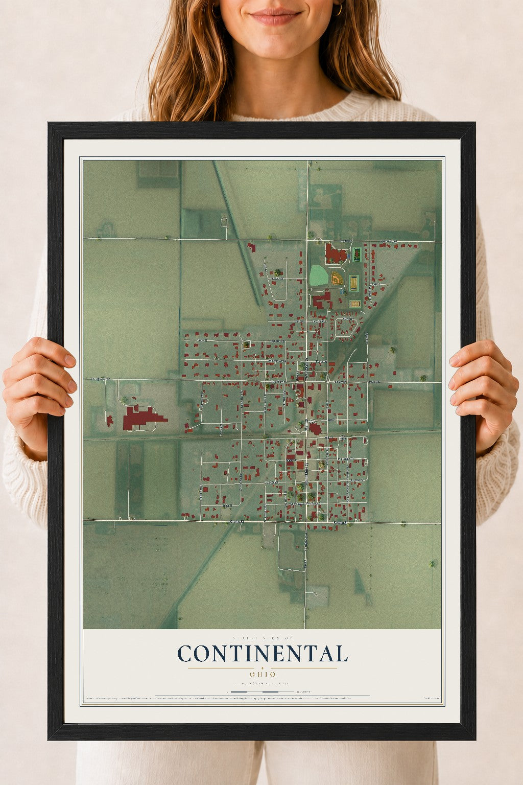 Map of Continental, Ohio, 18 x 24 inch print in a black wood frame