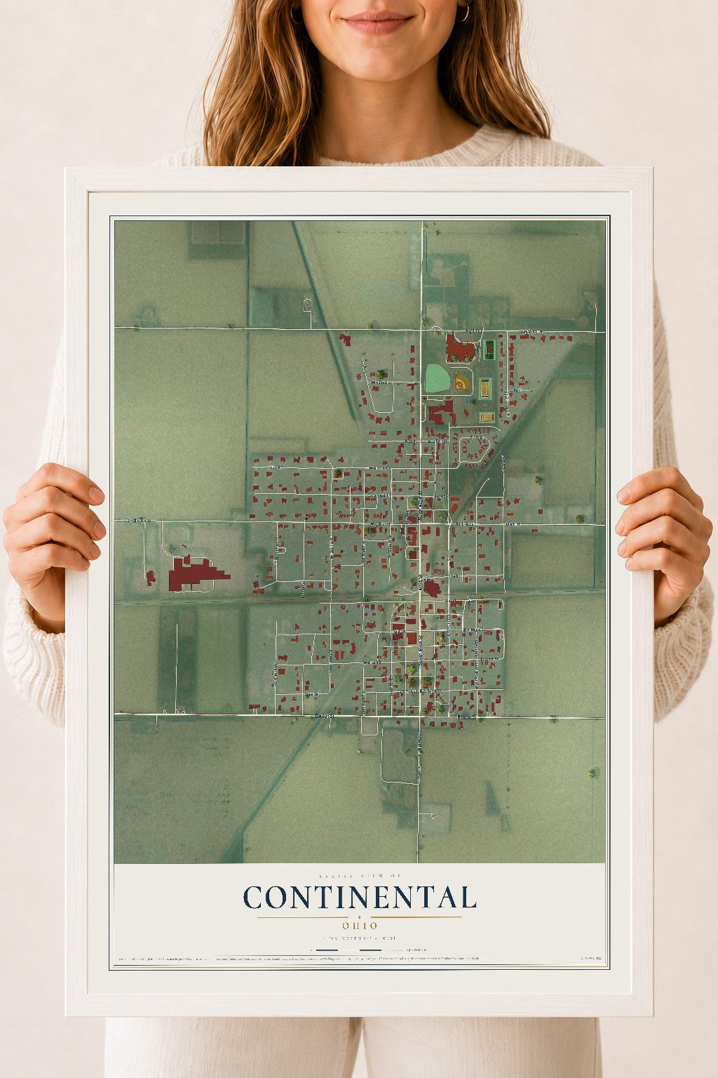 Map of Continental, Ohio, 18 x 24 inch print in a white wood frame
