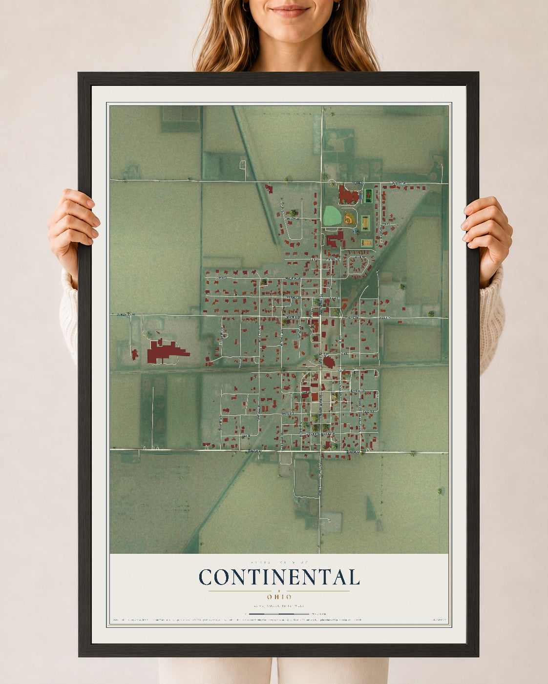 Map of Continental, Ohio, 24 x 36 inch print in a black wood frame