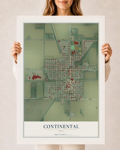 Map of Continental, Ohio, 24 x 36 inch print in a white wood frame