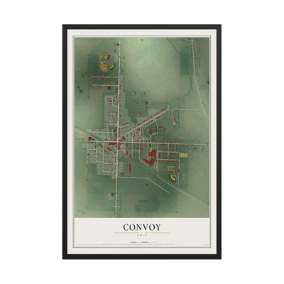 Map of Convoy, Ohio, 12 x 18 inch print in a black wood frame