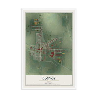 Map of Convoy, Ohio, 12 x 18 inch print in a white wood frame