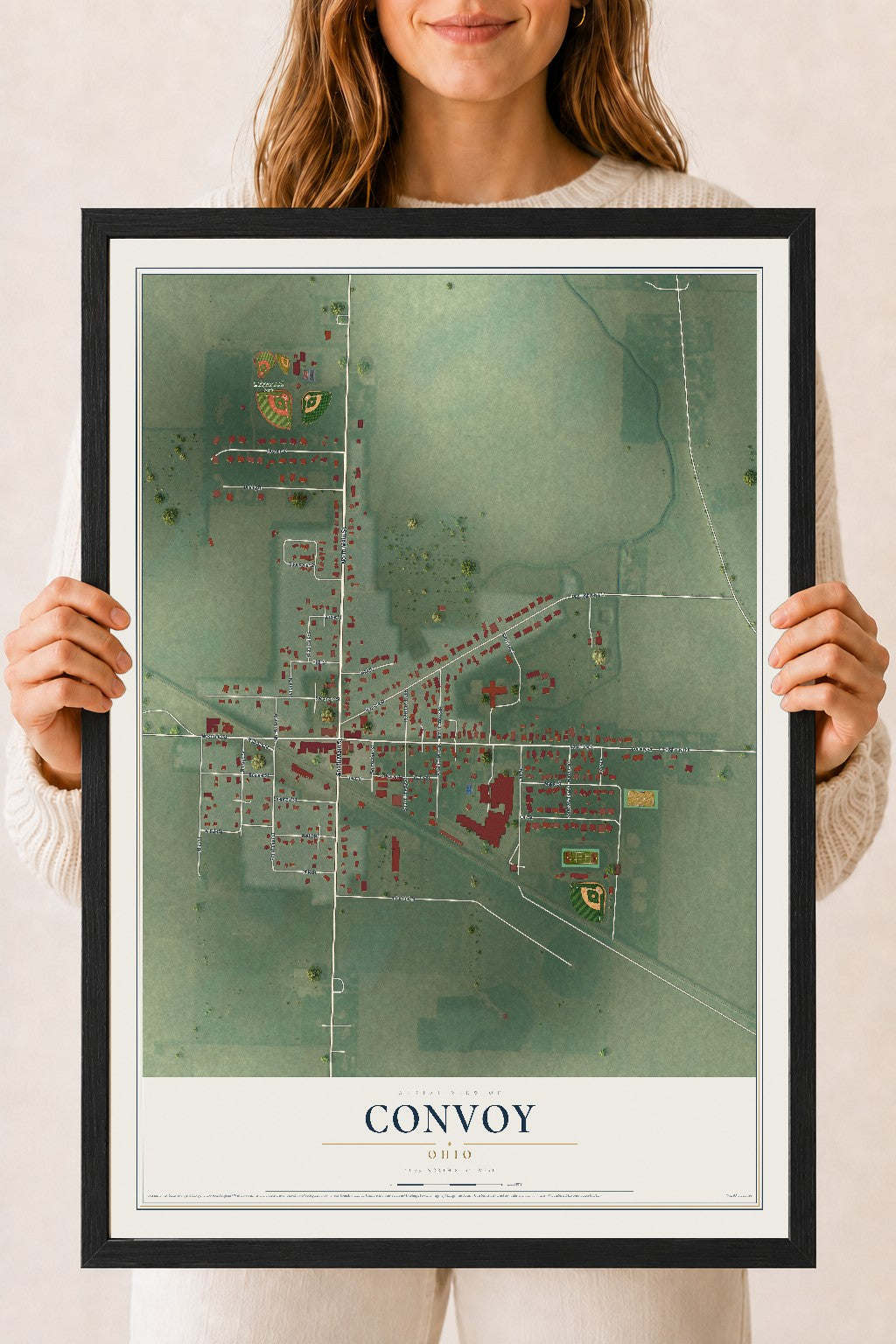 Map of Convoy, Ohio, 18 x 24 inch print in a black wood frame