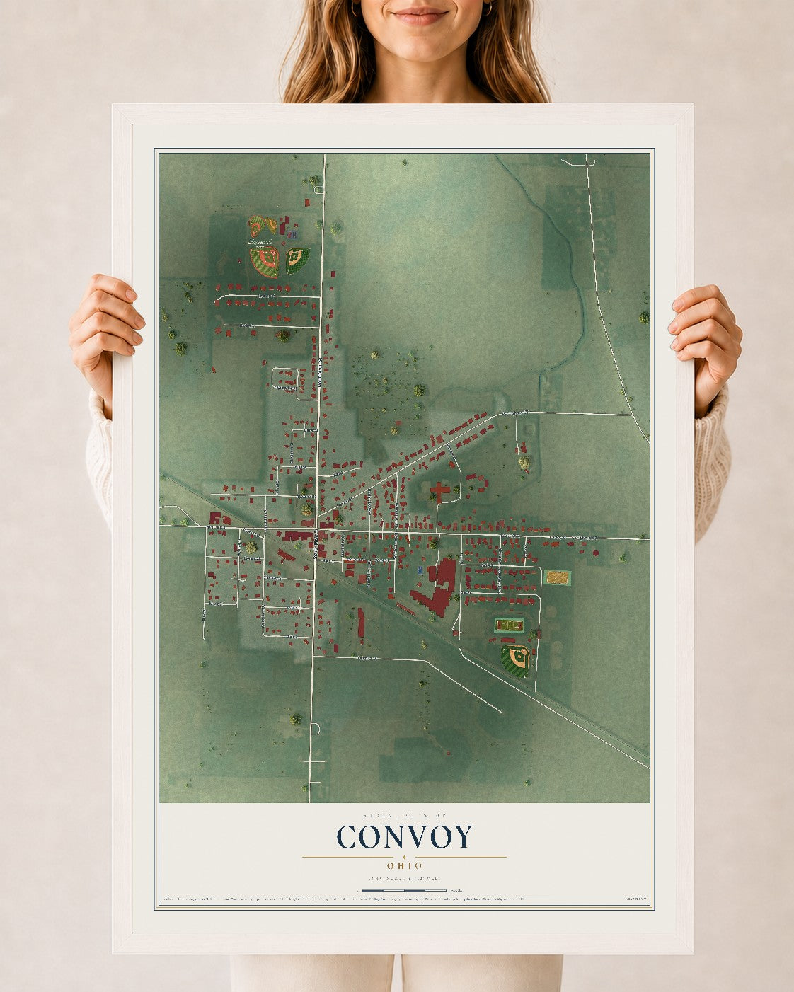 Map of Convoy, Ohio, 24 x 36 inch print in a white wood frame
