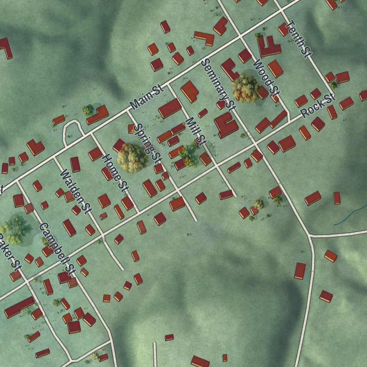 Close-up of the map of Coolville, Ohio print showing street and building detail