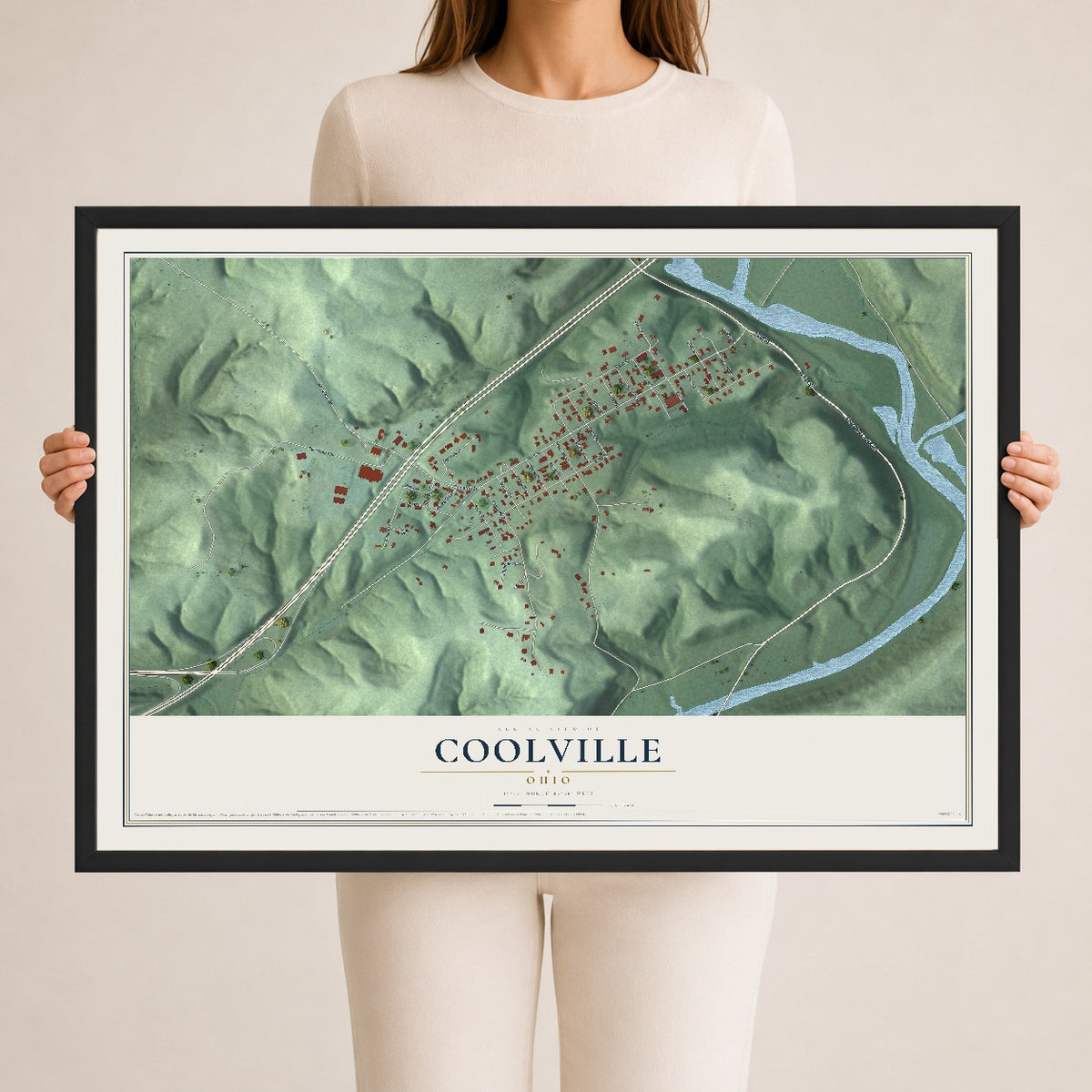 Map of Coolville, Ohio, 24 x 36 inch print in a black wood frame