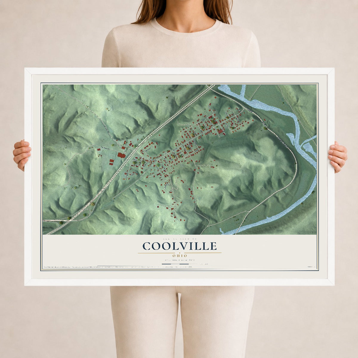 Map of Coolville, Ohio, 24 x 36 inch print in a white wood frame