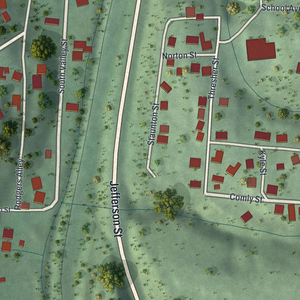 Second close-up of the map of Corning, Ohio print showing more streets and buildings