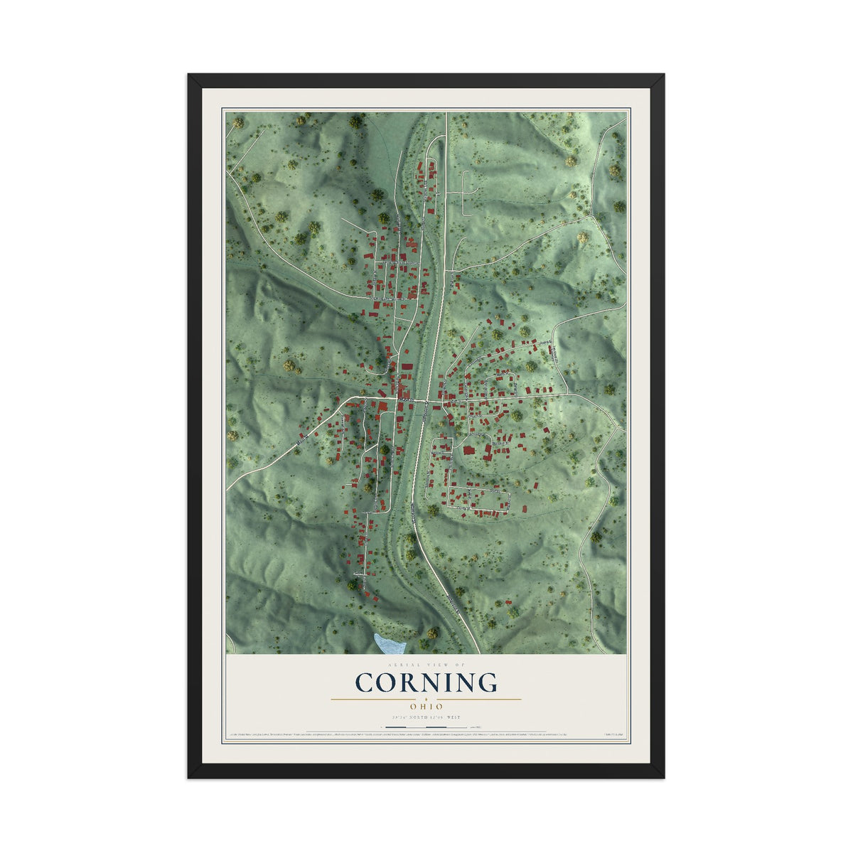 Map of Corning, Ohio, 12 x 18 inch print in a black wood frame