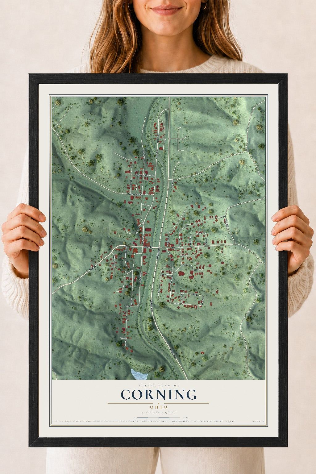 Map of Corning, Ohio, 18 x 24 inch print in a black wood frame