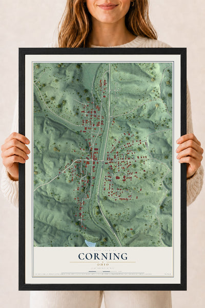 Map of Corning, Ohio, 18 x 24 inch print in a black wood frame