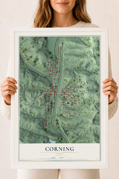 Map of Corning, Ohio, 18 x 24 inch print in a white wood frame