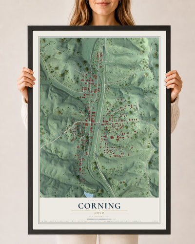 Map of Corning, Ohio, 24 x 36 inch print in a black wood frame