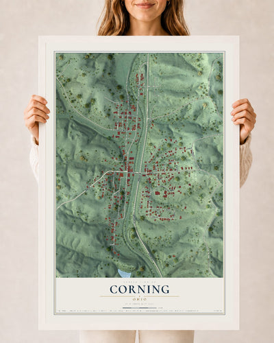 Map of Corning, Ohio, 24 x 36 inch print in a white wood frame