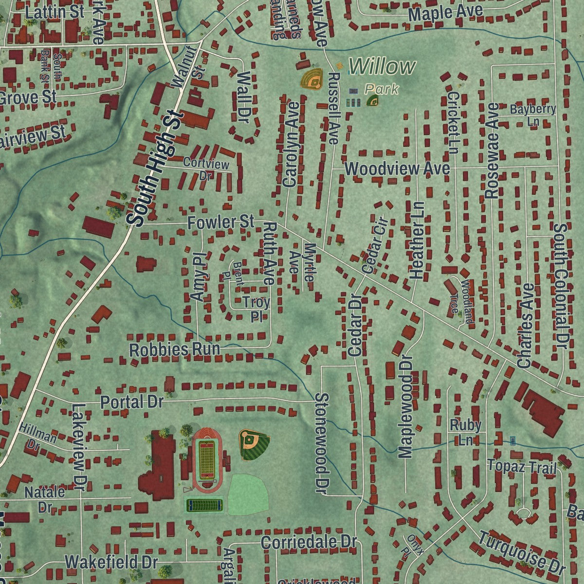 Close-up of the map of Cortland, Ohio print showing street and building detail