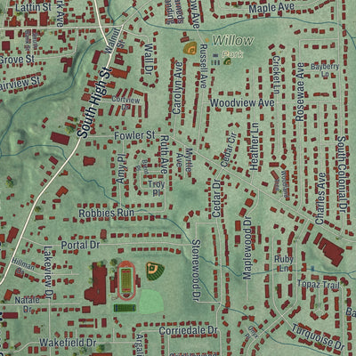 Close-up of the map of Cortland, Ohio print showing street and building detail