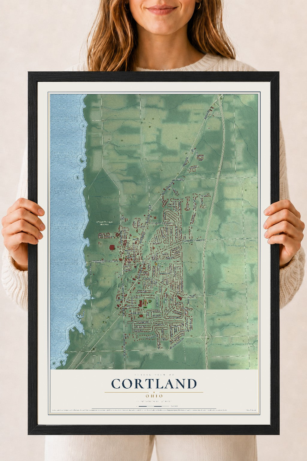 Map of Cortland, Ohio, 18 x 24 inch print in a black wood frame