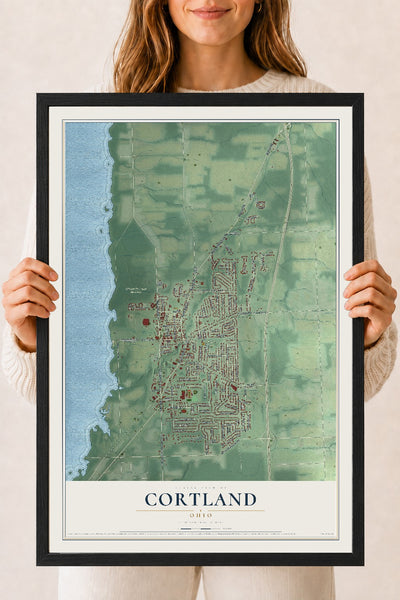 Map of Cortland, Ohio, 18 x 24 inch print in a black wood frame