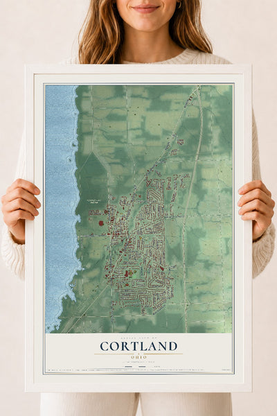 Map of Cortland, Ohio, 18 x 24 inch print in a white wood frame