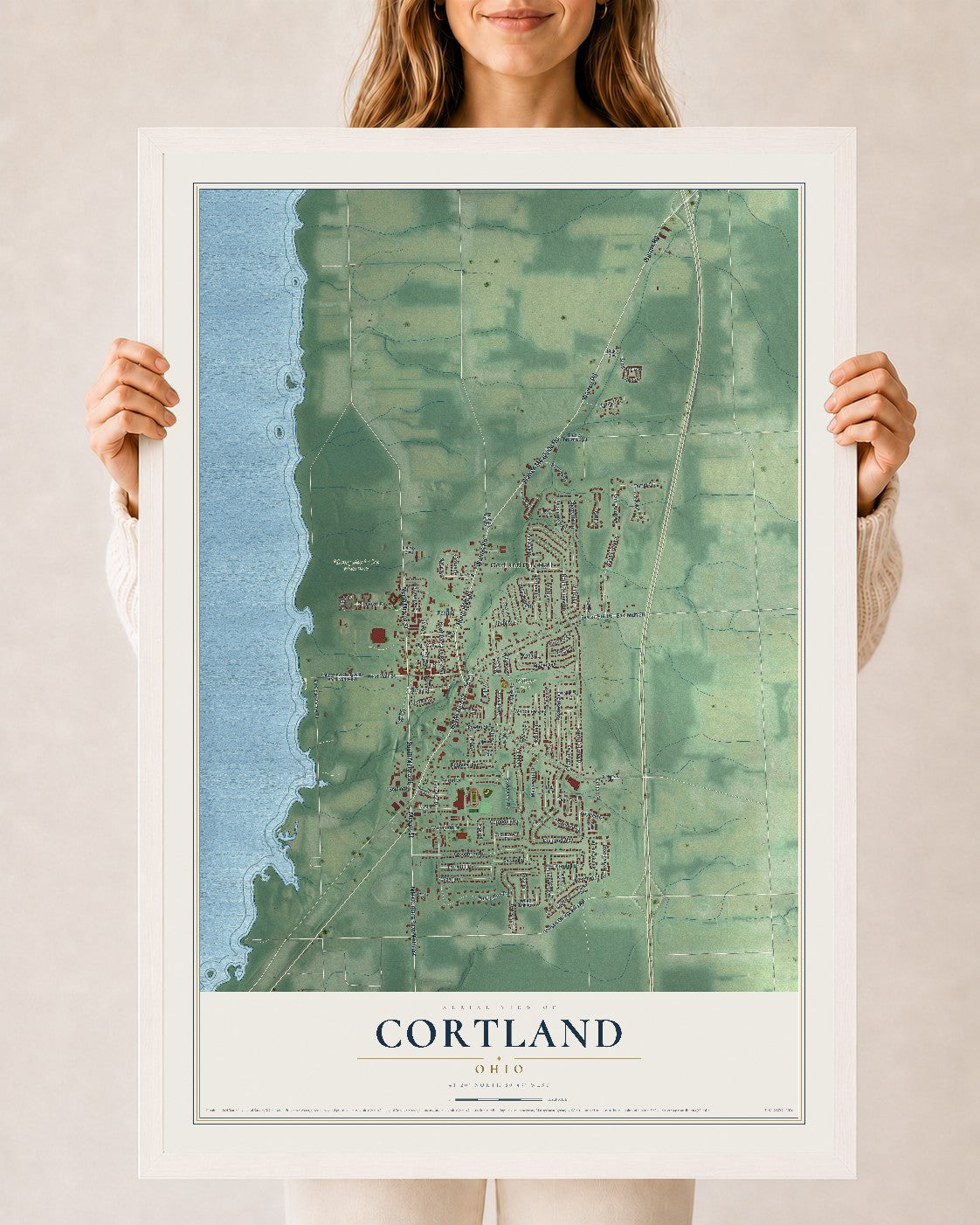 Map of Cortland, Ohio, 24 x 36 inch print in a white wood frame