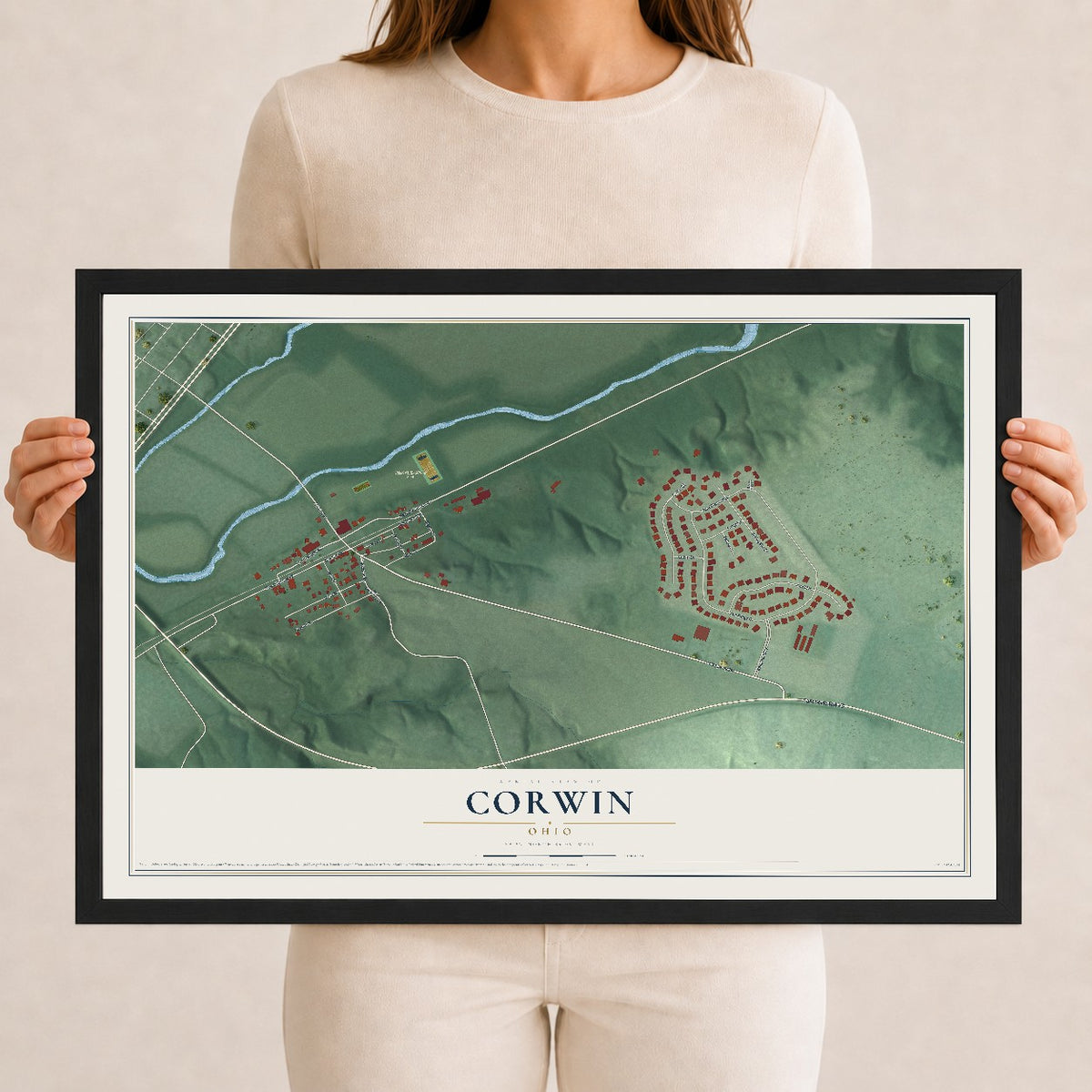 Map of Corwin, Ohio, 12 x 18 inch print in a black wood frame