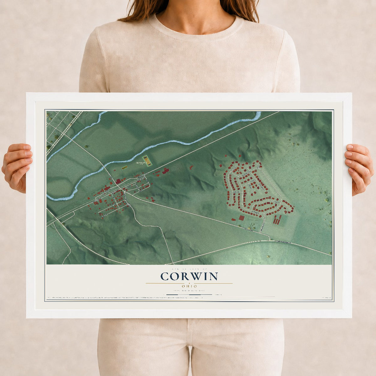 Map of Corwin, Ohio, 12 x 18 inch print in a white wood frame