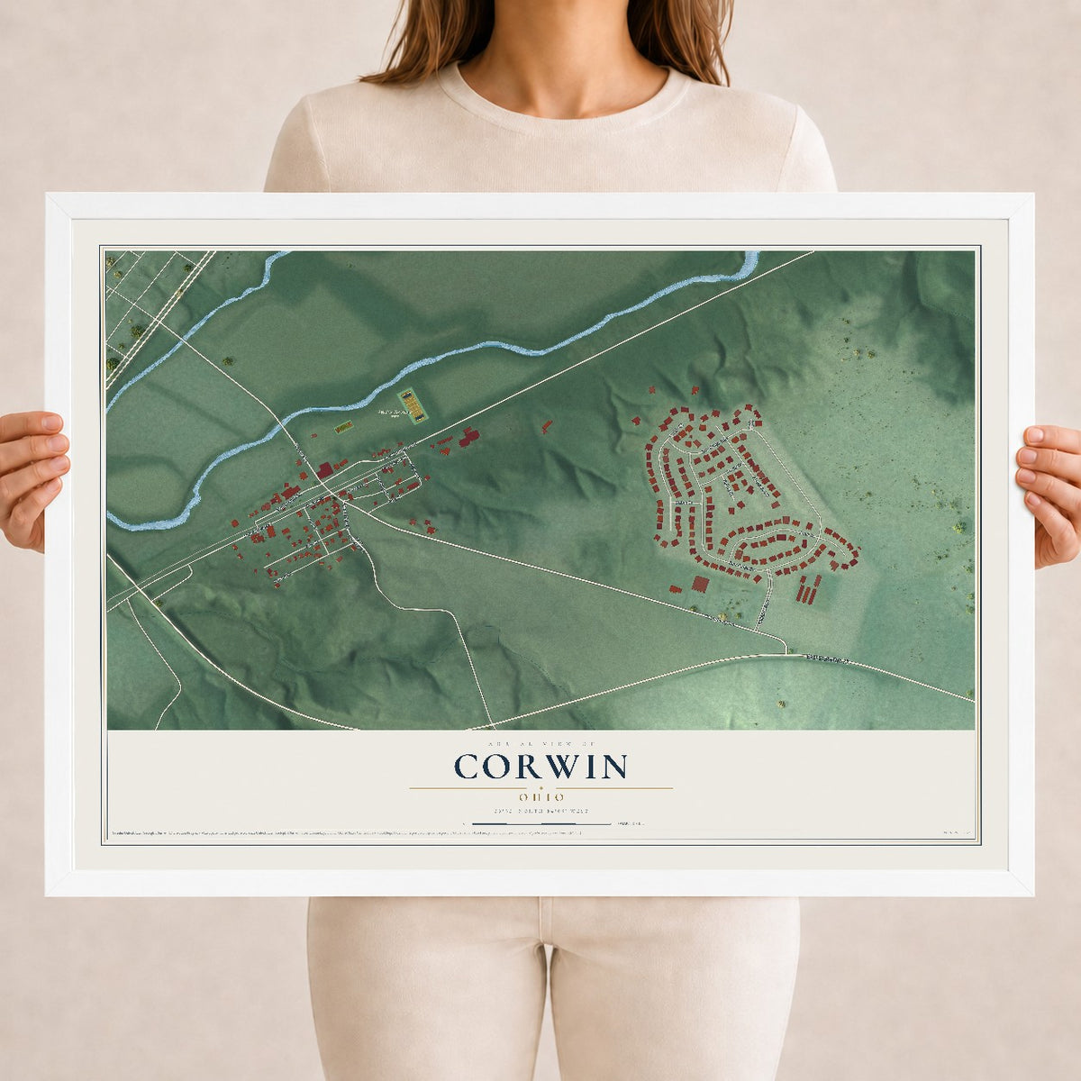 Map of Corwin, Ohio, 18 x 24 inch print in a white wood frame