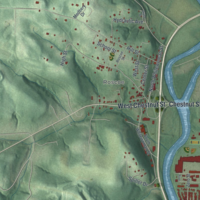 Second close-up of the map of Coshocton, Ohio print showing more streets and buildings
