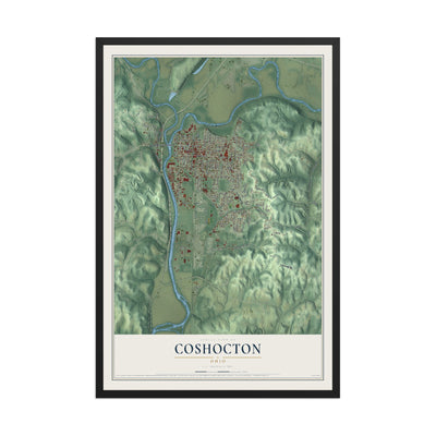 Map of Coshocton, Ohio, 12 x 18 inch print in a black wood frame