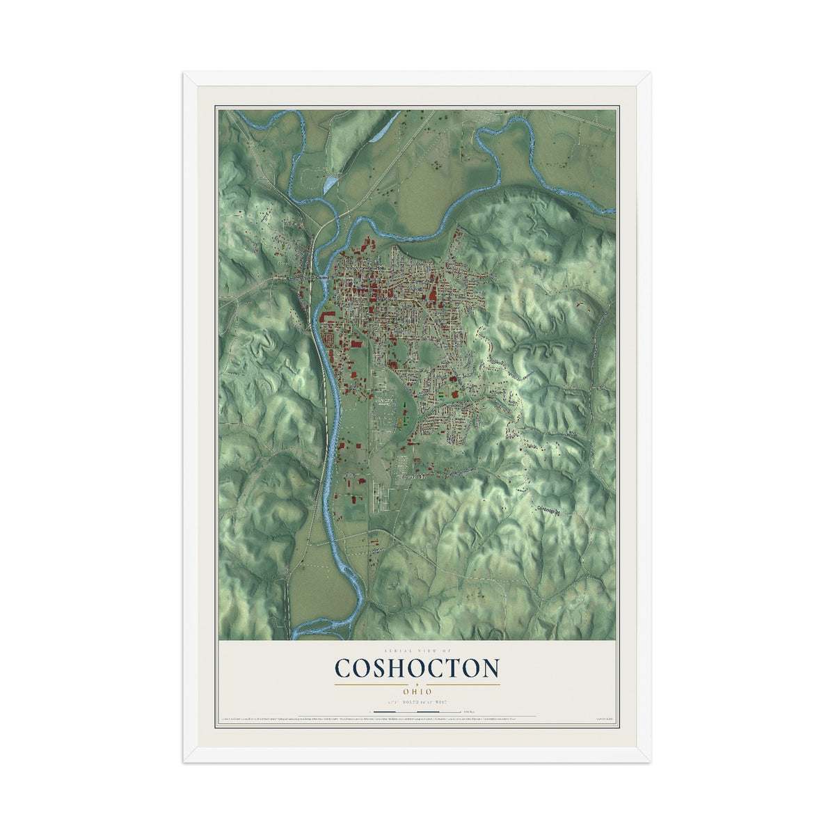 Map of Coshocton, Ohio, 12 x 18 inch print in a white wood frame