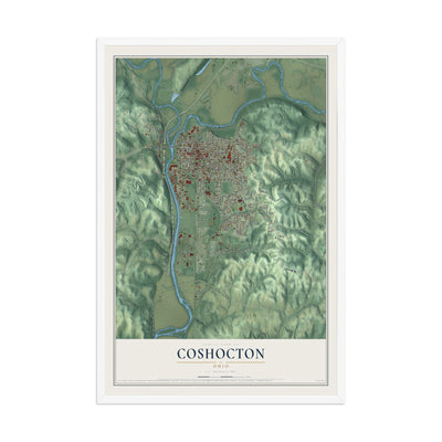 Map of Coshocton, Ohio, 12 x 18 inch print in a white wood frame