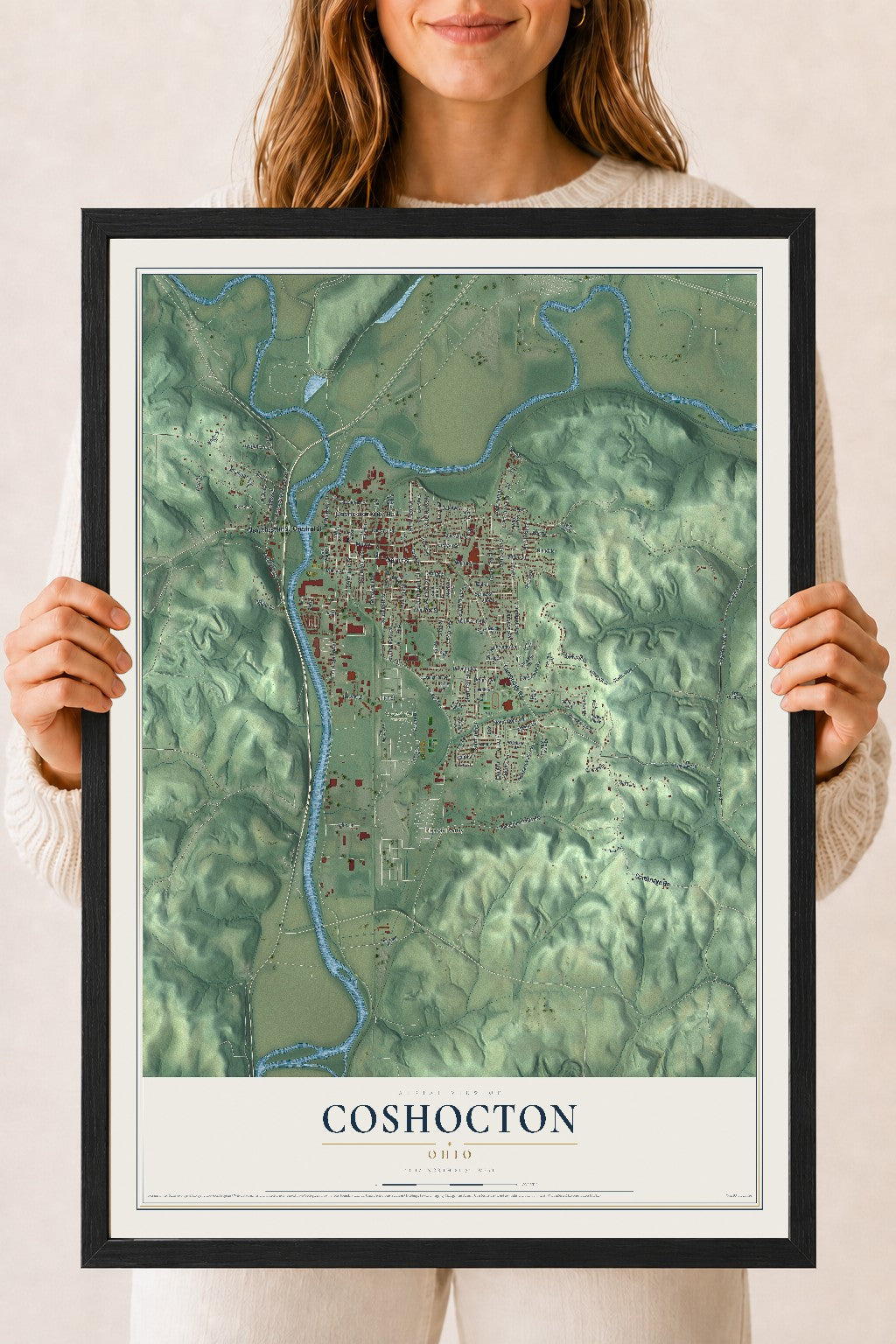 Map of Coshocton, Ohio, 18 x 24 inch print in a black wood frame